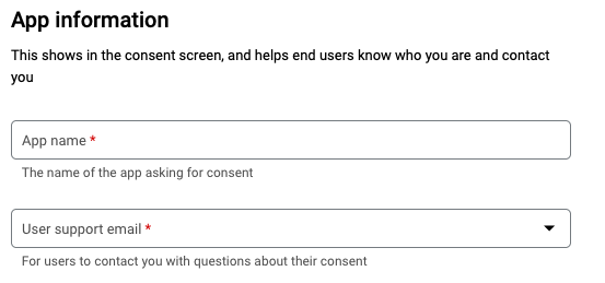 동의 화면 앱 이름 및 사용자 지원 이메일 구성.