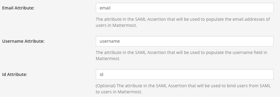 Mattermost에서 사용자 정보를 업데이트하는 SAML Assertions의 속성을 설정합니다.