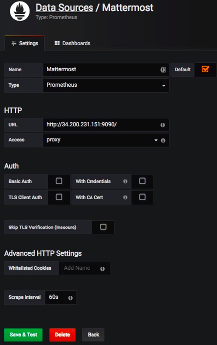 Grafana 설치에 대한 Mattermost 데이터 소스 구성 설정