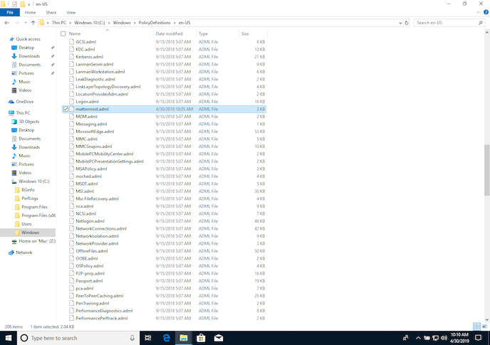 Windows\PolicyDefinitions\en-US 디렉터리에 mattermost.adml 파일이 있는지 확인합니다.