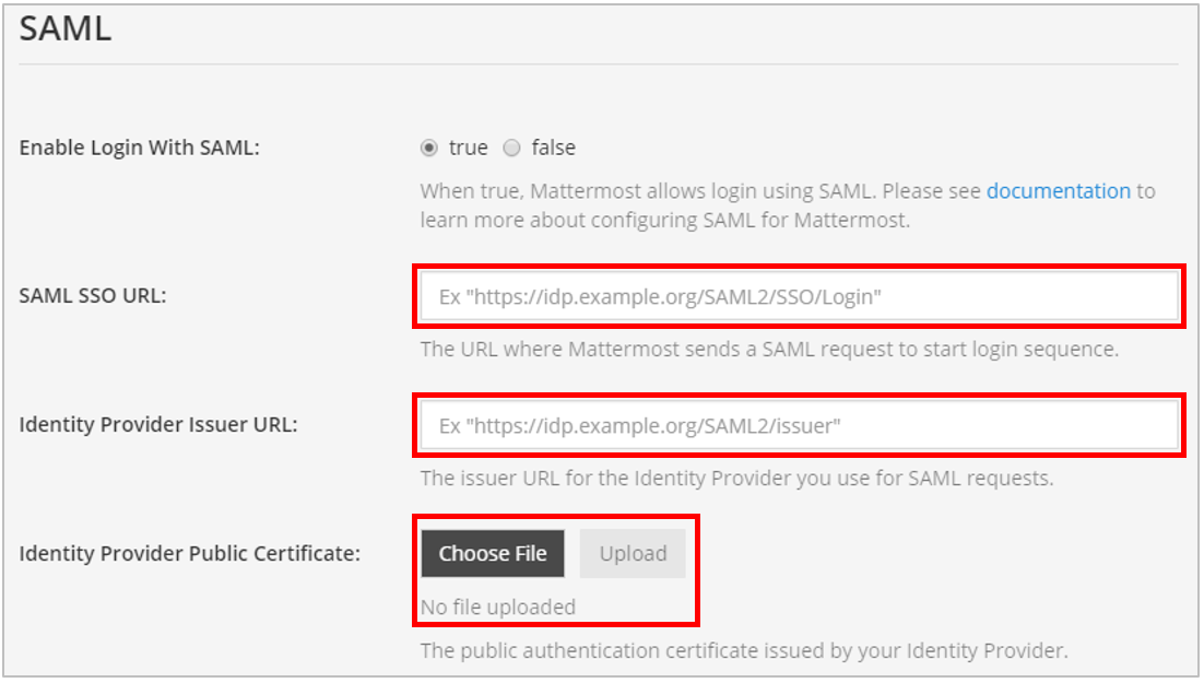 Mattermost 시스템 콘솔에서 Authentication > SAML 2.0으로 이동하여 SAML SSO URL 및 IdP 발행자 URL을 수동으로 입력하고 Identity Provider 공개 인증서를 수동으로 업로드합니다.