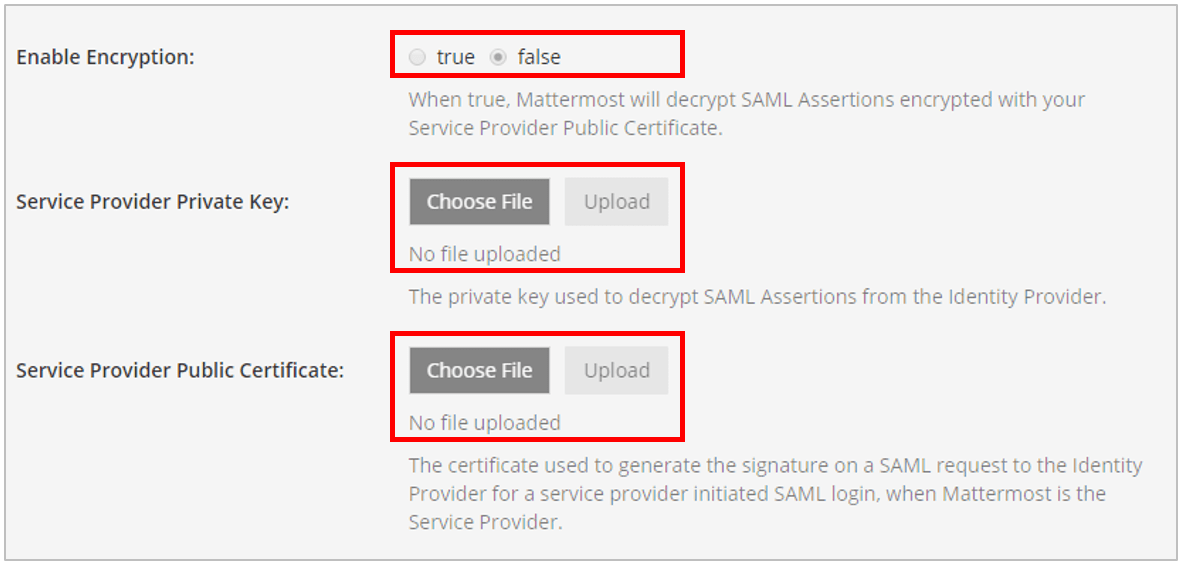 SAML 2.0 페이지에서 암호화를 활성화하고, 서비스 제공자 개인 키 및 서비스 제공자 공용 인증서를 모두 업로드합니다.